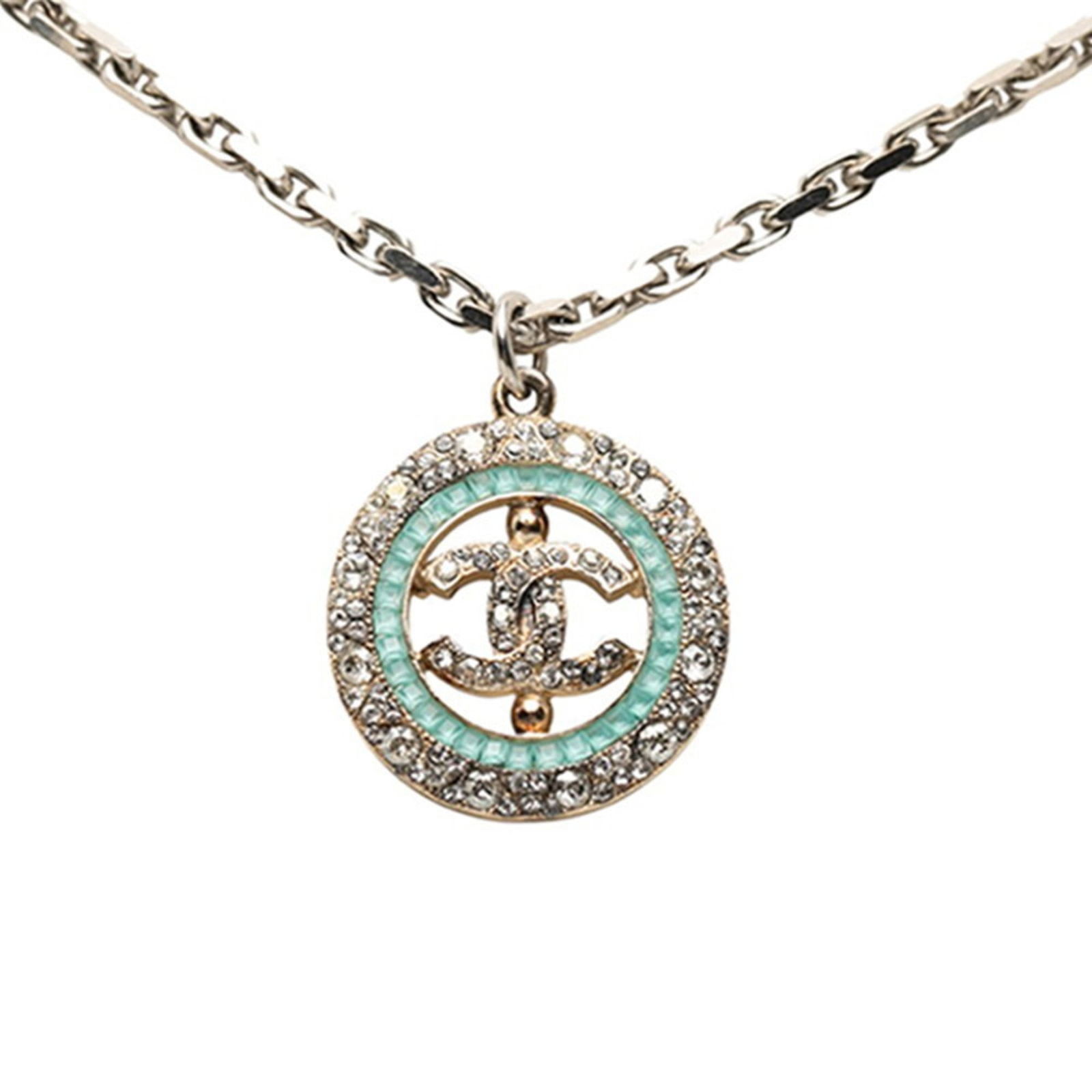 Women's - Chanel Coco Mark Pearl and Rhinestone Necklace in Silver - Gold - Light Blue with Faux: Women's - Chanel Coco Mark Pearl and Rhinestone Necklace in Silver - Gold - Light Blue with Faux Plated This listing features Women's - Chanel Coco Mark Pearl and Rhinestone Necklace in Silver - Gold