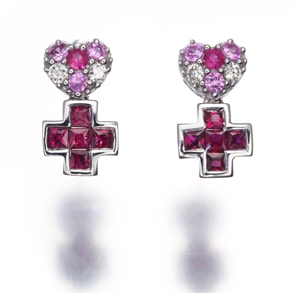 Gold Ruby Pink Sapphire Diamond Heart Cross Earrings 18K 750 White (1 of 4)