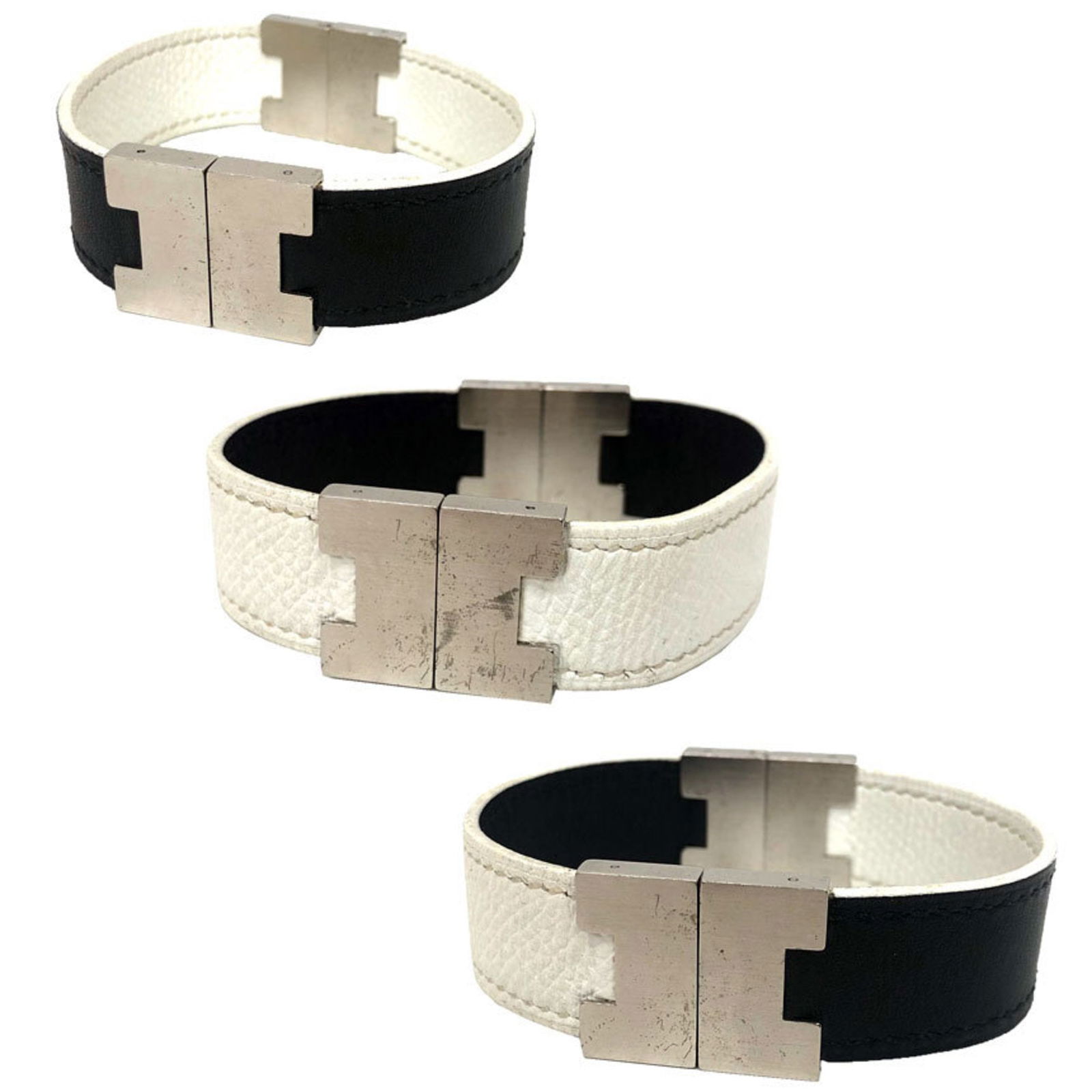 Leather Hermes Bangle: Leather Hermes Bangle This listing features Leather Hermes Bangle. Item specifics are provided below. Item Specifics: Brand: Hermes Type: Bangle Gender: Women Material: Leather Color: Black, Silver, W