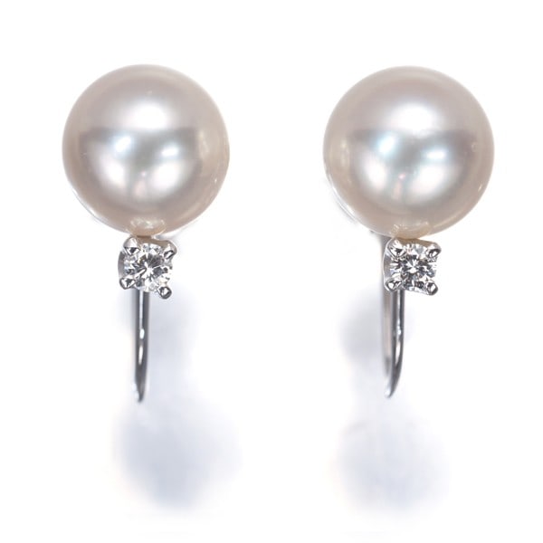 Wg Mikimoto Earrings Akoya Pearl 7.3Mm Diamond Solitaire 18K (1 of 5)