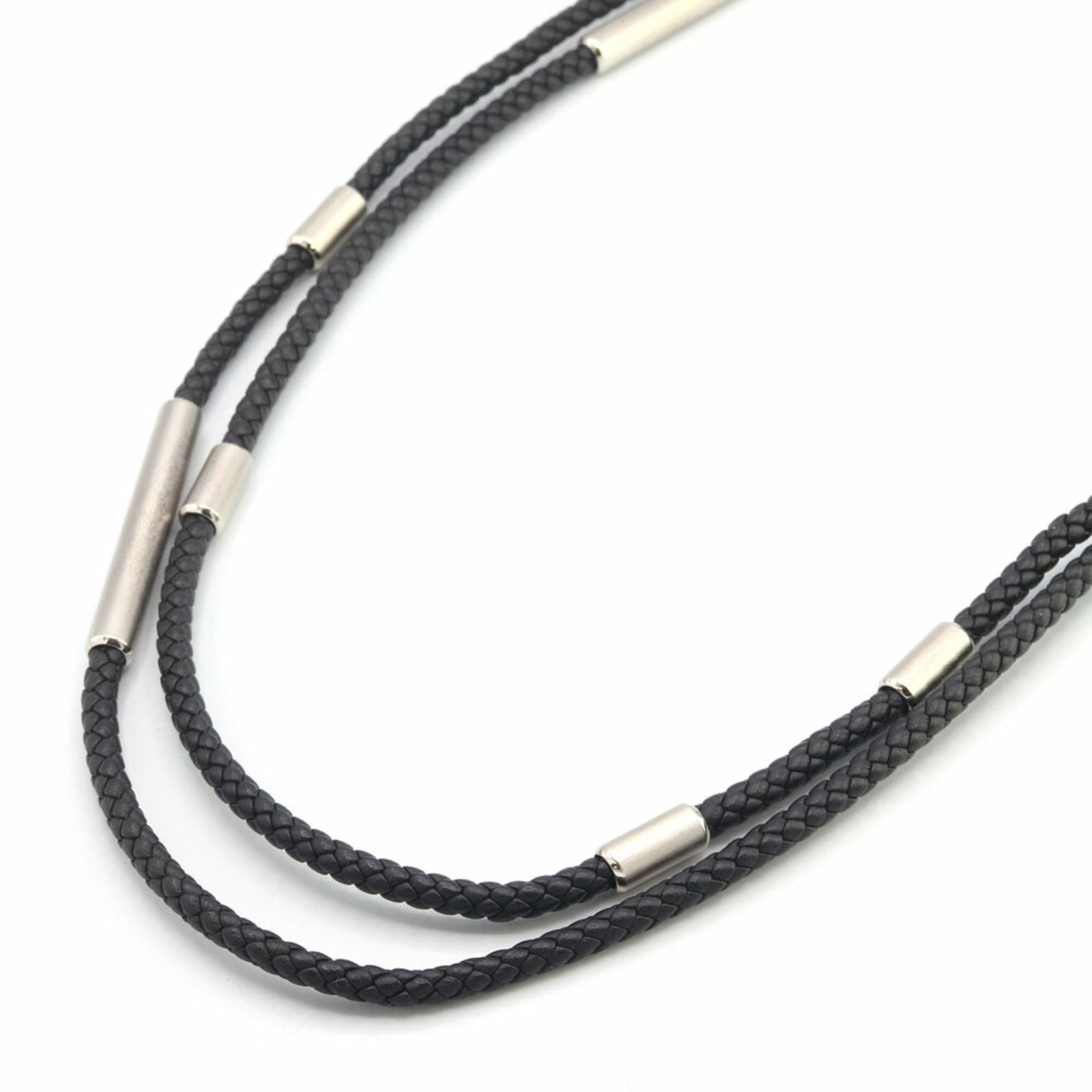 Women's - Hermes Herms Totem Double Tour Necklace - Black and Silver - Leather Metal - Long - (1 of 7)