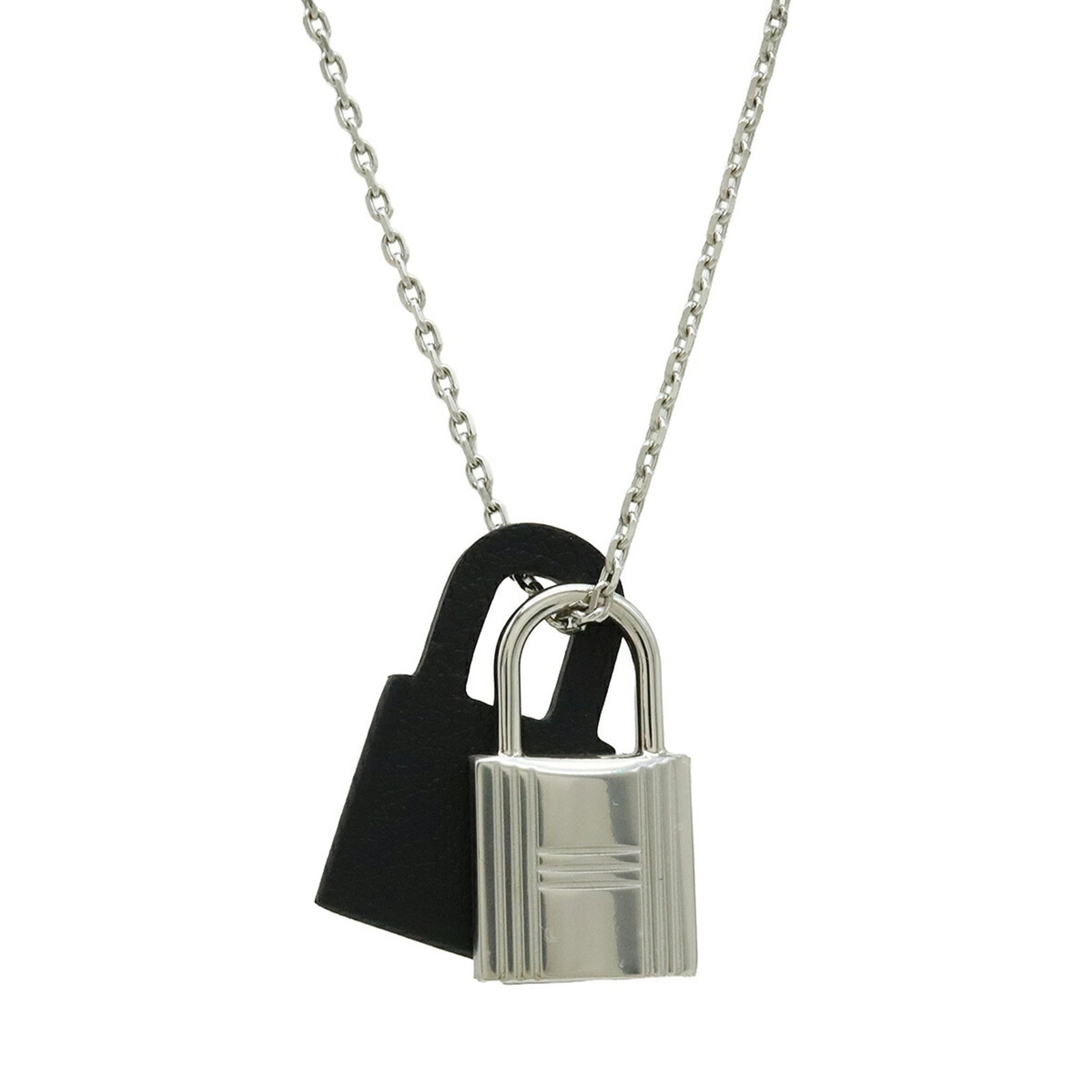 Engraved HERMES O'Kelly PM Padlock Pendant Necklace Metal Leather Black D (1 of 8)