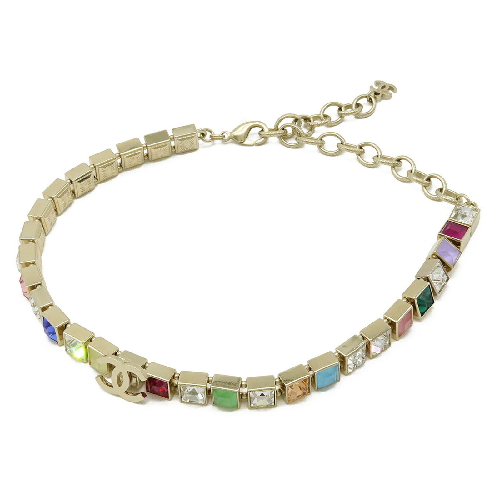 K CHANEL Coco Mark Square Rhinestone Choker Necklace GP Gold Multicolor A21: K CHANEL Coco Mark Square Rhinestone Choker Necklace GP Gold Multicolor A21 This listing features K CHANEL Coco Mark Square Rhinestone Choker Necklace GP Gold Multicolor A21. Item specifics are