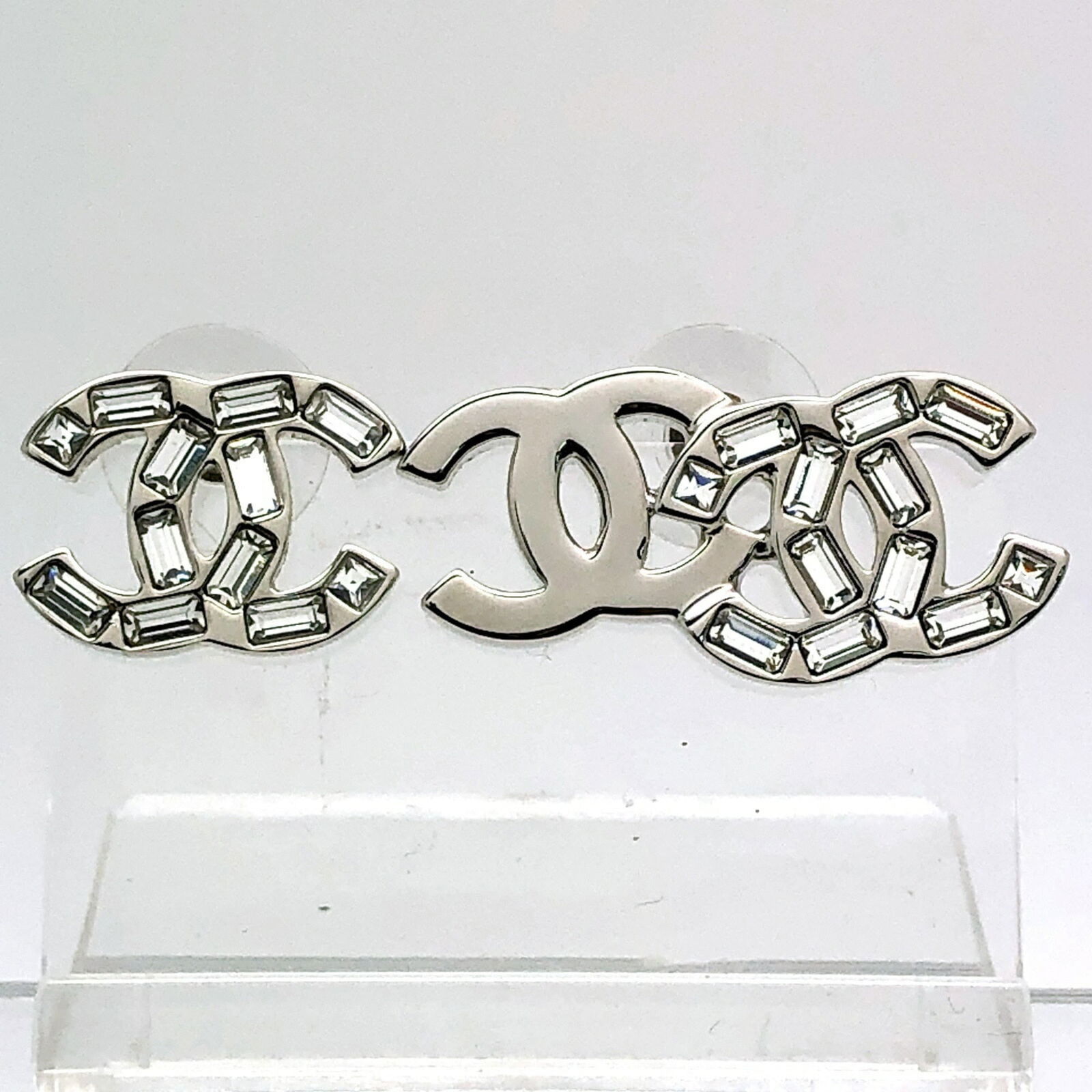 Silver - Chanel Stud Earrings Rhinestone