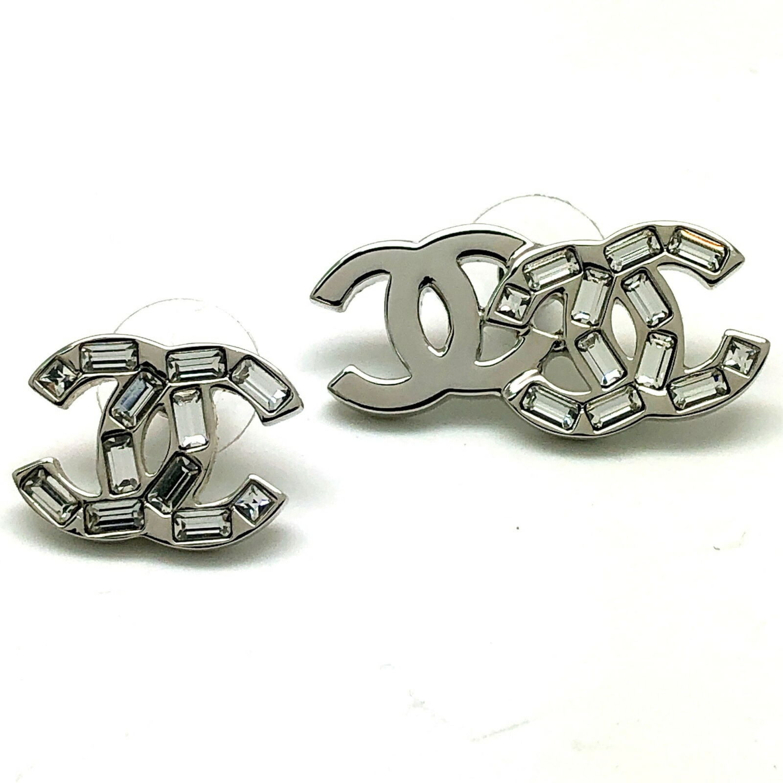 Silver - Chanel Stud Earrings Rhinestone - 3