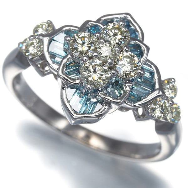 Gold Blue&Yellow Diamond 0.82Ct Flower Ring 18K 750 White (1 of 4)