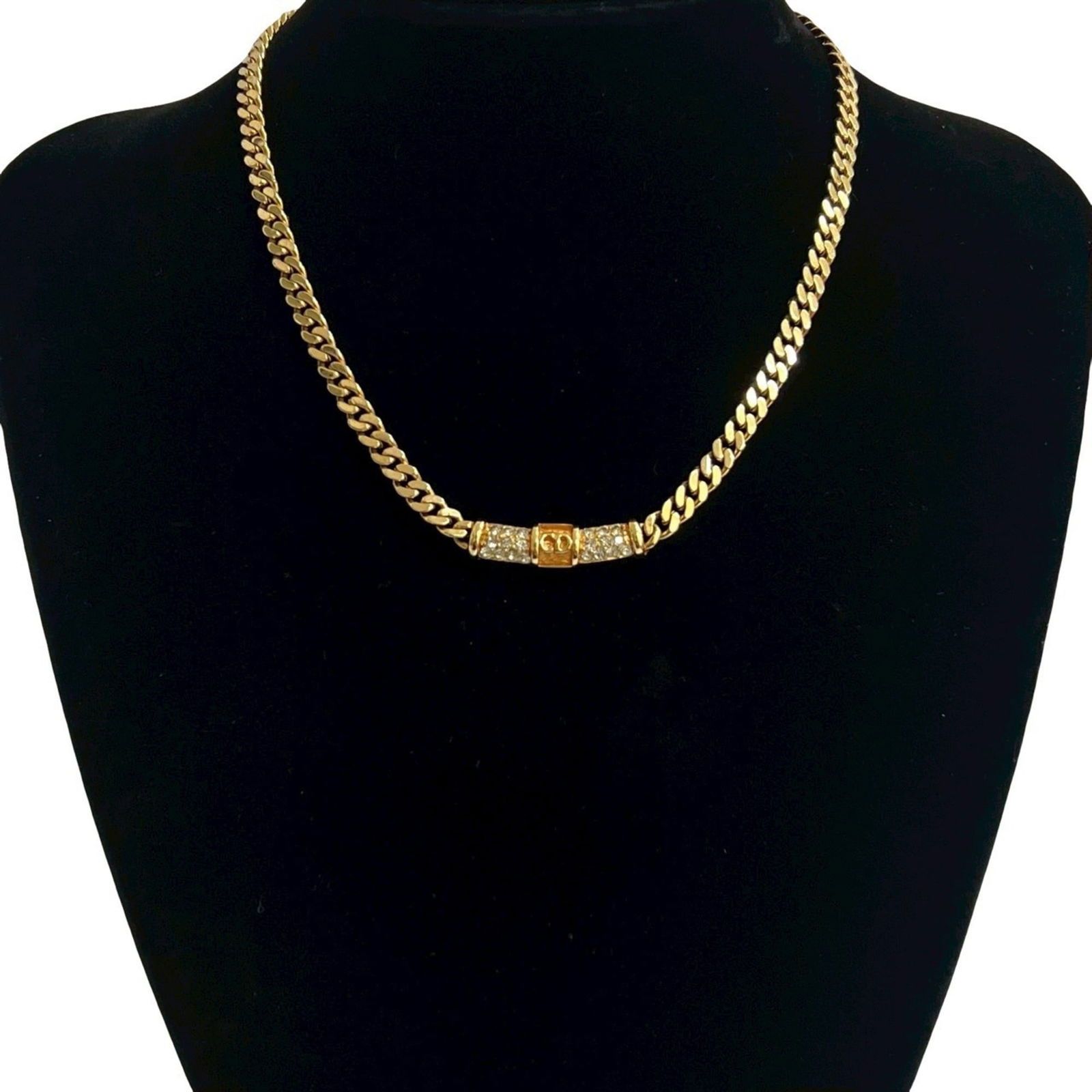 1428a Christian Dior CD Logo GP Rhinestone Curb Chain Necklace Pendant Gold (1 of 4)