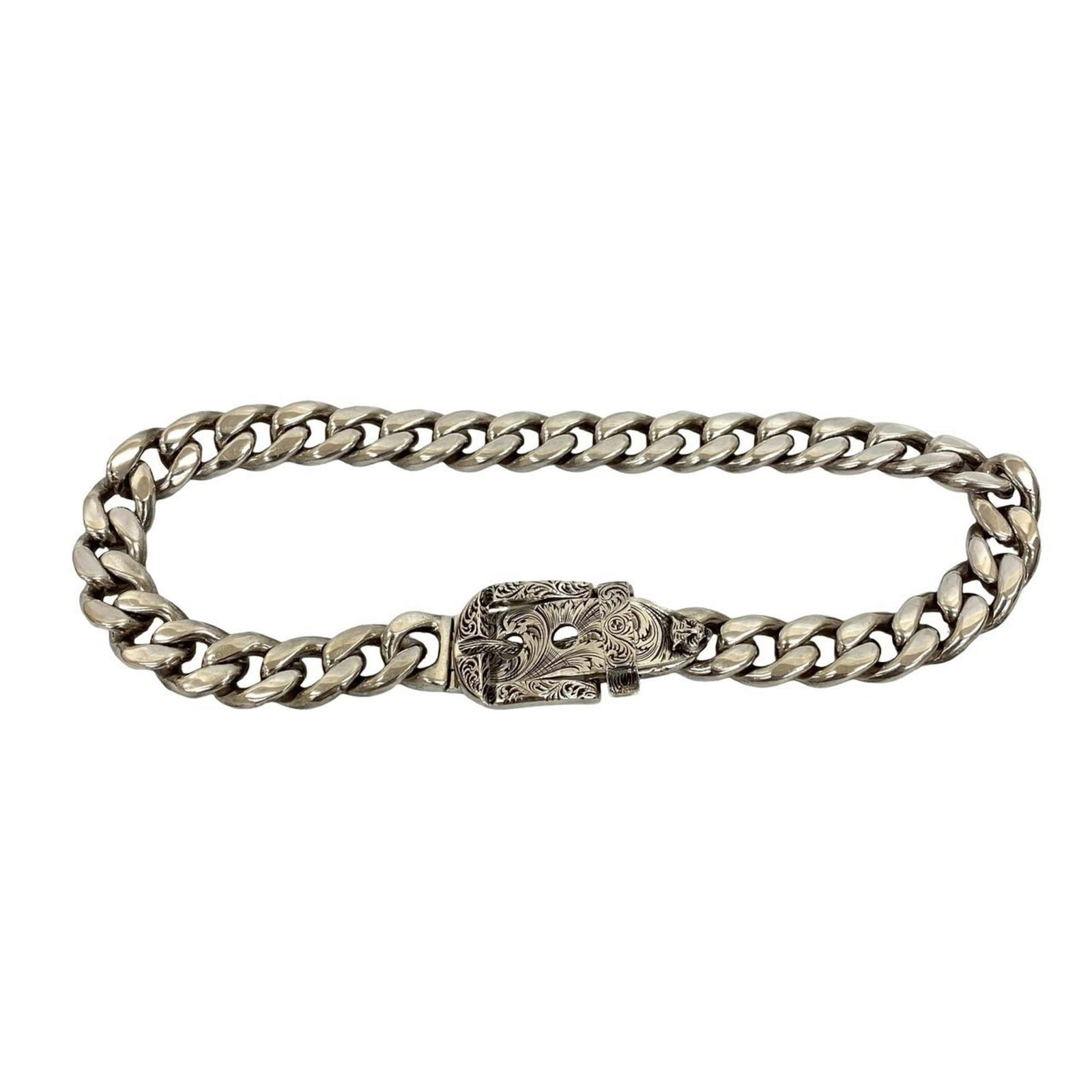 68420 GUCCI Arabesque Cat Head Curb Chain Necklace in Sterling Silver (925): 68420 GUCCI Arabesque Cat Head Curb Chain Necklace in Sterling Silver (925) This listing features 68420 GUCCI Arabesque Cat Head Curb Chain Necklace in Sterling Silver (925). Item specifics are