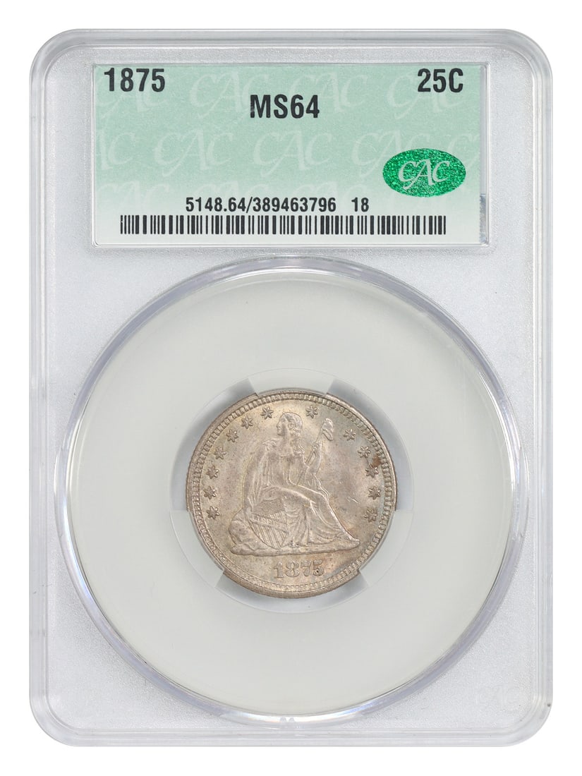 Liberty Seated Quarter - 1875 25C CACG MS64: Liberty Seated Quarter - 1875 25C CACG MS64 This listing features Liberty Seated Quarter - 1875 25C CACG MS64. Item specifics are provided below. Item Specifics: Certification: CACG Certification