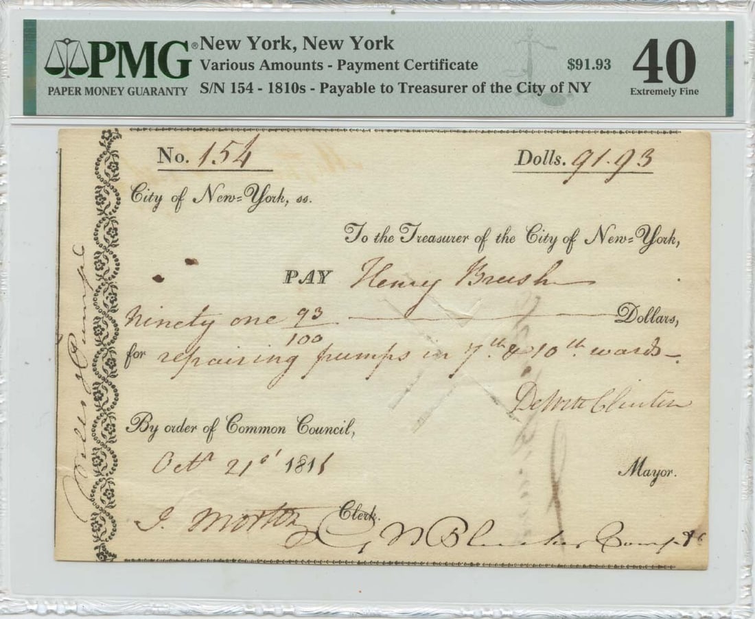 XF40 1811 $91.93 New York Payment Certificate Treasurer of NY PMG (1 of 1)