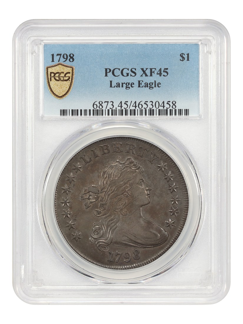 Draped Bust Dollar - 1798 $1 PCGS XF45 (Large Eagle): Draped Bust Dollar - 1798 $1 PCGS XF45 (Large Eagle) This listing features Draped Bust Dollar - 1798 $1 PCGS XF45 (Large Eagle). Item specifics are provided below. Item Specifics: Certification: PCGS