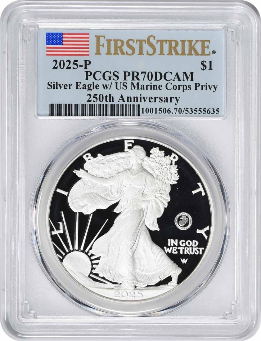 PCGS 2025-P American Silver Eagle US Marine Corps Privy 250th Anniv PR70DCAM FS (1 of 2)