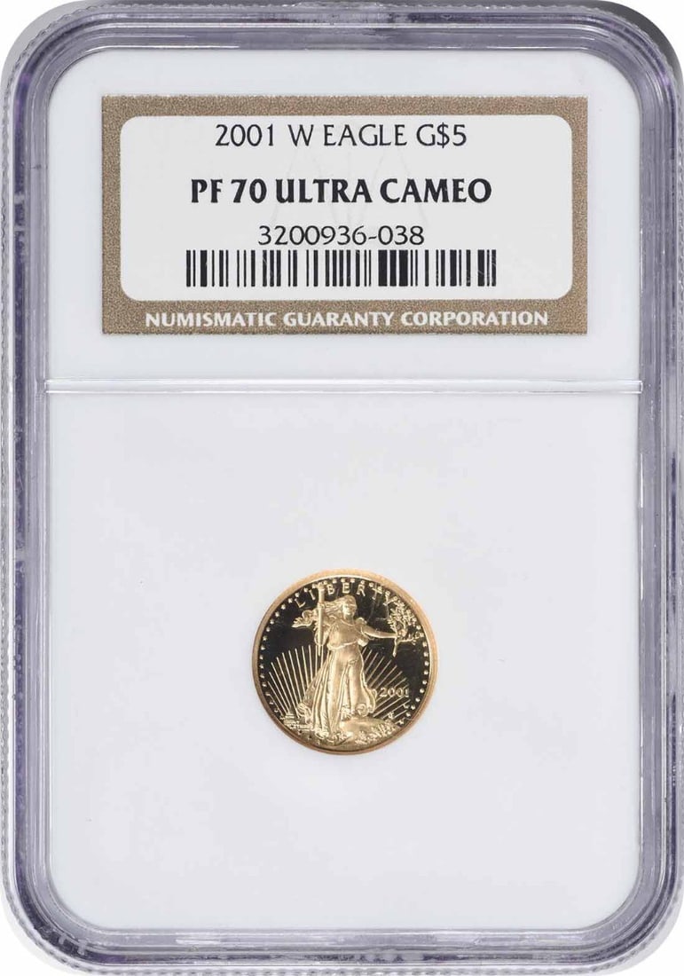 NGC 2001-W $5 American Gold Eagle PF70UCAM: NGC 2001-W $5 American Gold Eagle PF70UCAM This listing features NGC 2001-W $5 American Gold Eagle PF70UCAM. Item specifics are provided below. Item Specifics: Country Of Origin: United States Certifi