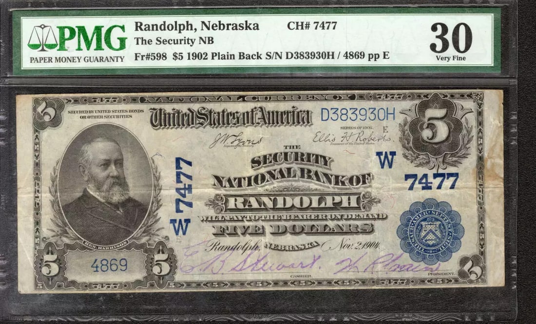 (930H) 1902 $5 SECURITY NATIONAL BANKNOTE CURRENCY RANDOLPH NEBRASKA PMG 30 VF (1 of 2)