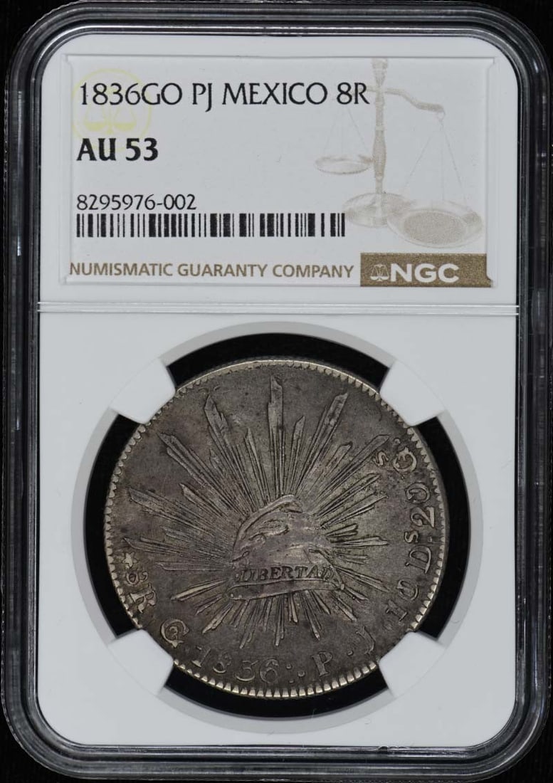 AU53 1836 GO PJ MEXICO Silver 8 Reales 8R NGC: AU53 1836 GO PJ MEXICO Silver 8 Reales 8R NGC This listing features AU53 1836 GO PJ MEXICO Silver 8 Reales 8R NGC. Item specifics are provided below. Item Specifics: Circulated/Uncirculated: Circulate