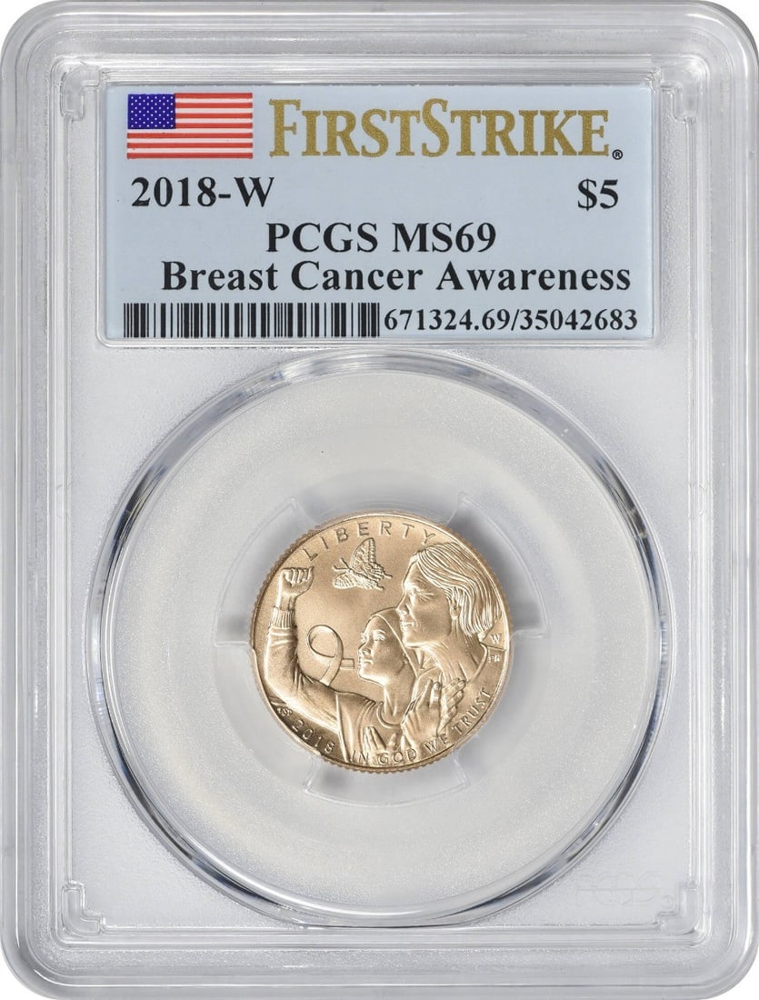 Flag 2018-W Breast Cancer Awareness $5 Gold Commemorative MS69 PCGS First Strike: Flag 2018-W Breast Cancer Awareness $5 Gold Commemorative MS69 PCGS First Strike This listing features Flag 2018-W Breast Cancer Awareness $5 Gold Commemorative MS69 PCGS First Strike. Item specifics