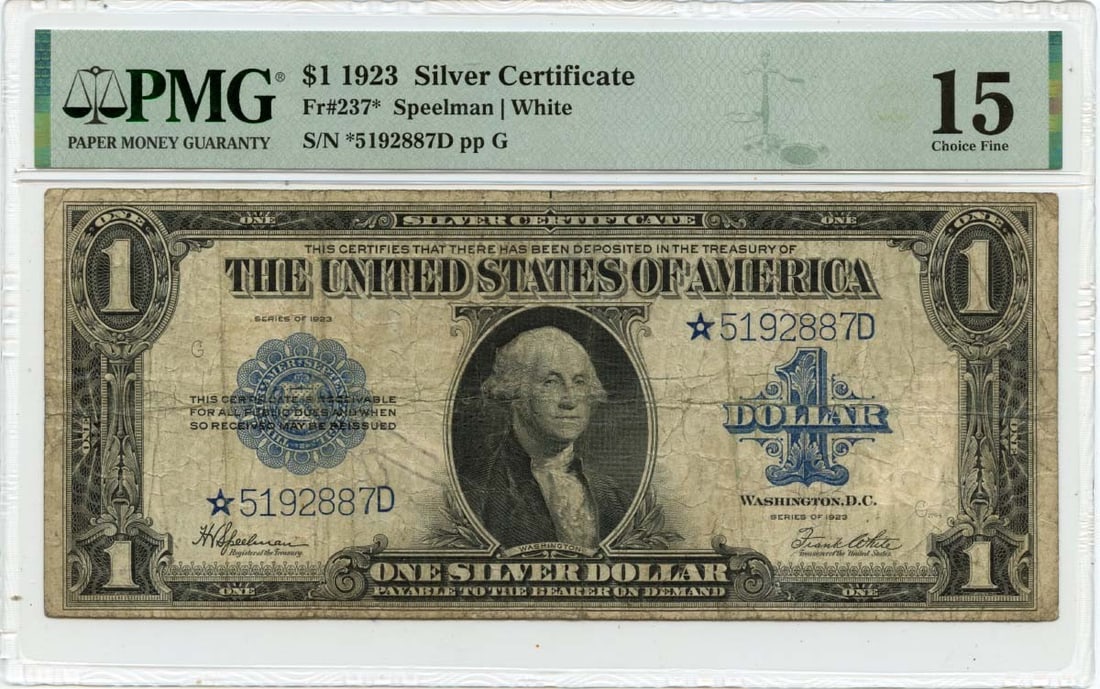 Star 1923 $1 Silver Certificate FR#237* PMG F15: Star 1923 $1 Silver Certificate FR#237* PMG F15 This listing features Star 1923 $1 Silver Certificate FR#237* PMG F15. Item specifics are provided below. Item Specifics: Circulated/Uncirculated: