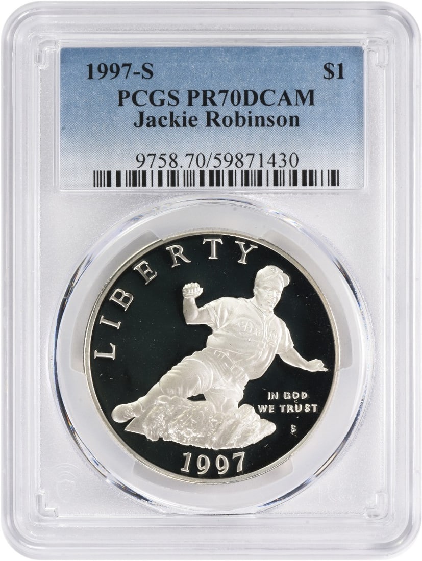 DC 1997-S Jackie Robinson Silver Commemorative Dollar PR70DCAM PCGS Proof 70: DC 1997-S Jackie Robinson Silver Commemorative Dollar PR70DCAM PCGS Proof 70 This listing features DC 1997-S Jackie Robinson Silver Commemorative Dollar PR70DCAM PCGS Proof 70. Item specifics are prov
