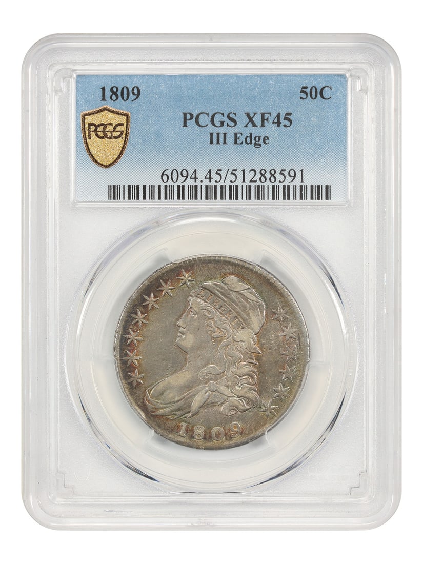 Capped Bust Half Dollar - 1809 50C PCGS XF45 (III Edge): Capped Bust Half Dollar - 1809 50C PCGS XF45 (III Edge) This listing features Capped Bust Half Dollar - 1809 50C PCGS XF45 (III Edge). Item specifics are provided below. Item Specifics:
