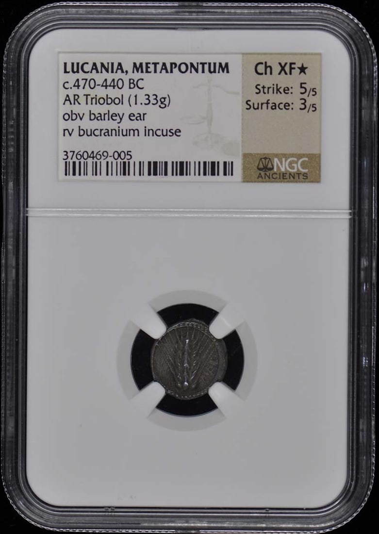 METAPONTUM AR Triobol NGC XF45 - c.470-440 BC LUCANIA: METAPONTUM AR Triobol NGC XF45 - c.470-440 BC LUCANIA This listing features METAPONTUM AR Triobol NGC XF45 - c.470-440 BC LUCANIA. Item specifics are provided below. Item Specifics: Certification: NGC