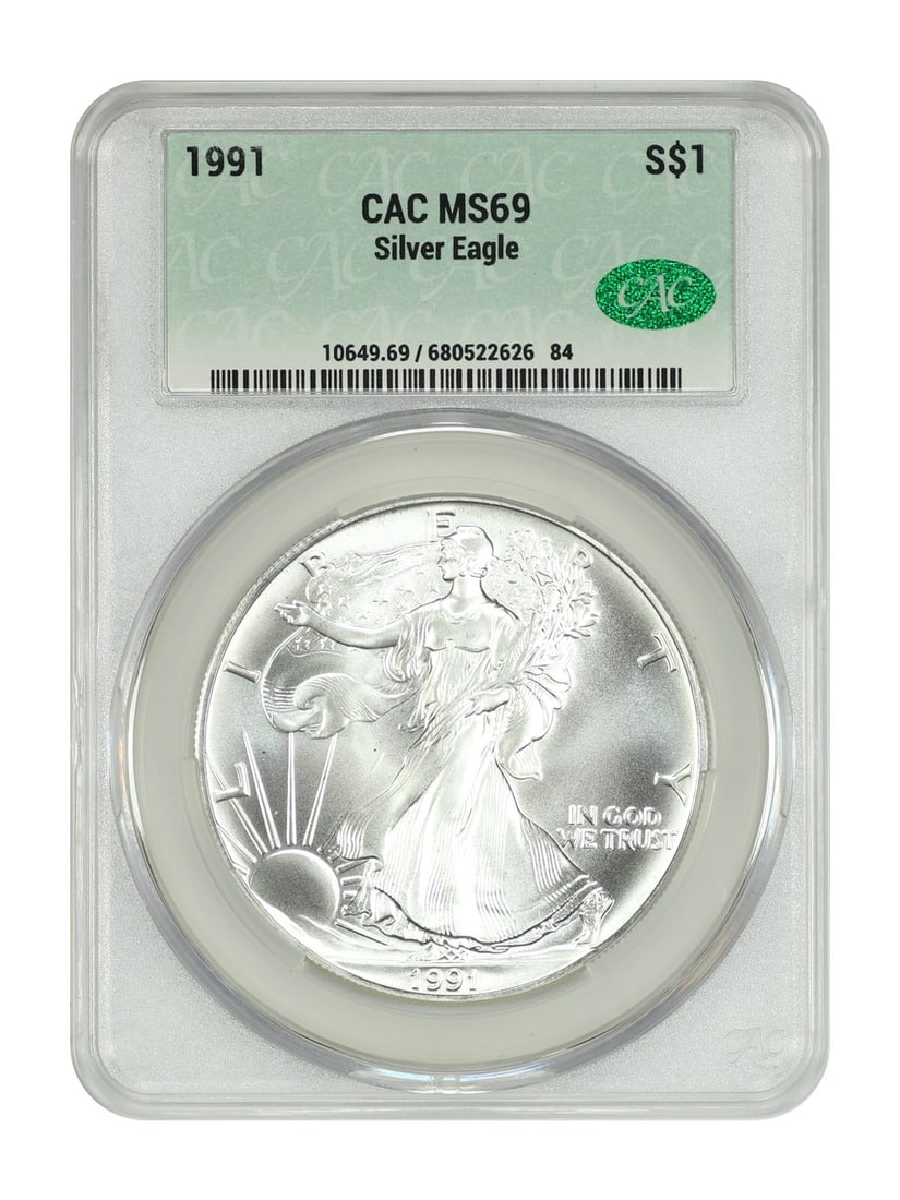 Silver Eagles - 1991 $1 Silver Eagle CACG MS69: Silver Eagles - 1991 $1 Silver Eagle CACG MS69 This listing features Silver Eagles - 1991 $1 Silver Eagle CACG MS69. Item specifics are provided below. Item Specifics: Certification: CACG Certificatio