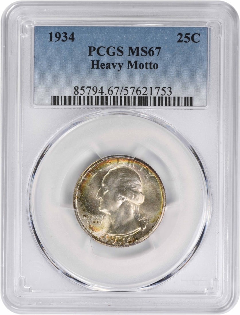 PCGS 1934 Washington Silver Quarter Heavy Motto MS67: PCGS 1934 Washington Silver Quarter Heavy Motto MS67 This listing features PCGS 1934 Washington Silver Quarter Heavy Motto MS67. Item specifics are provided below. Item Specifics: Country Of Origin: