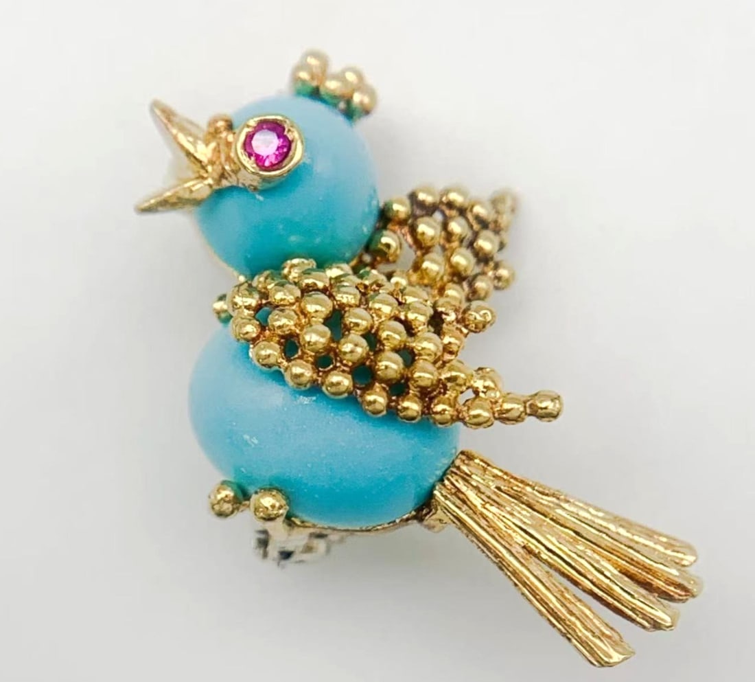 Pin Vintage Italian Jewelry Turquoise Ruby Platinum 950 18k Gold Bird Brooch (1 of 7)