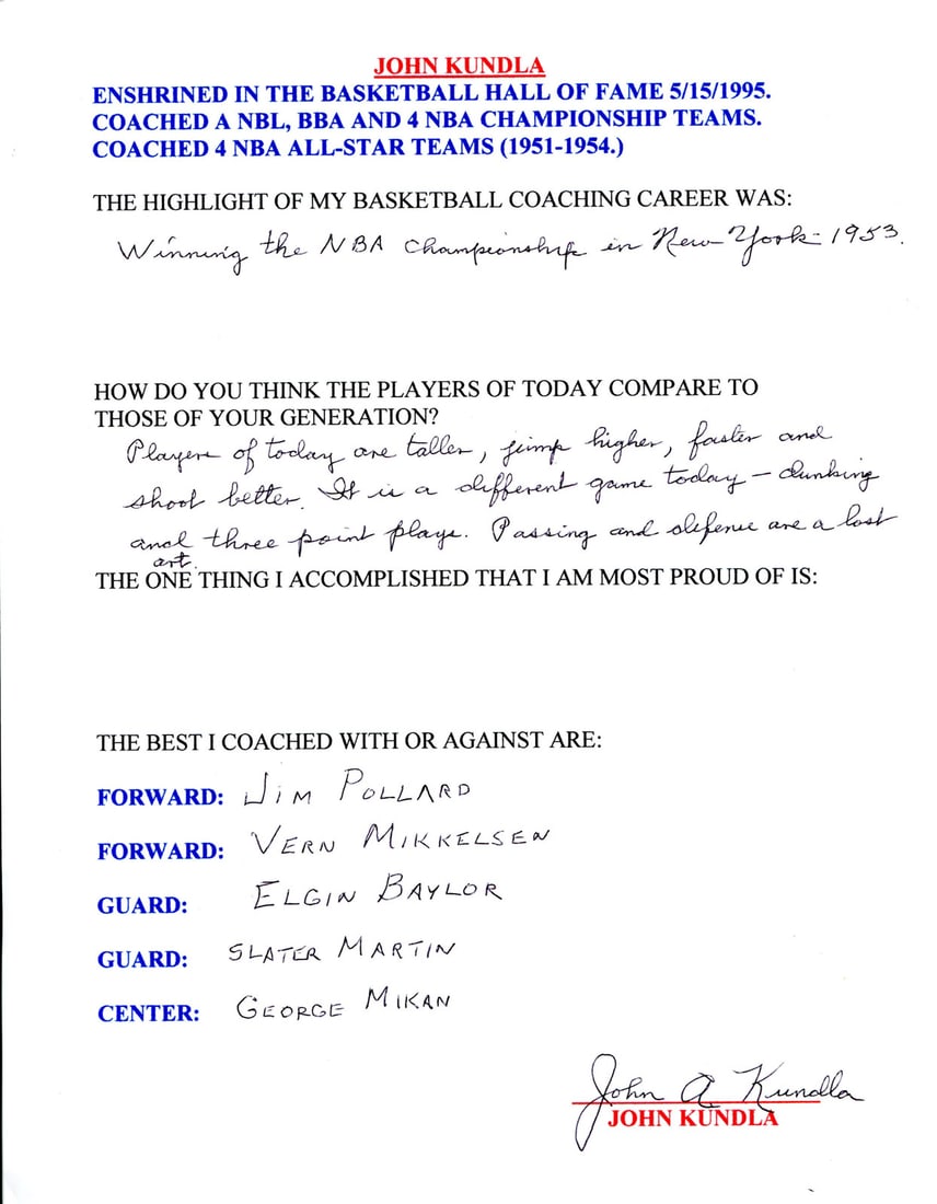 (JSA) John Kundla Autographed Hand Filled Out Survey Page (1 of 2)