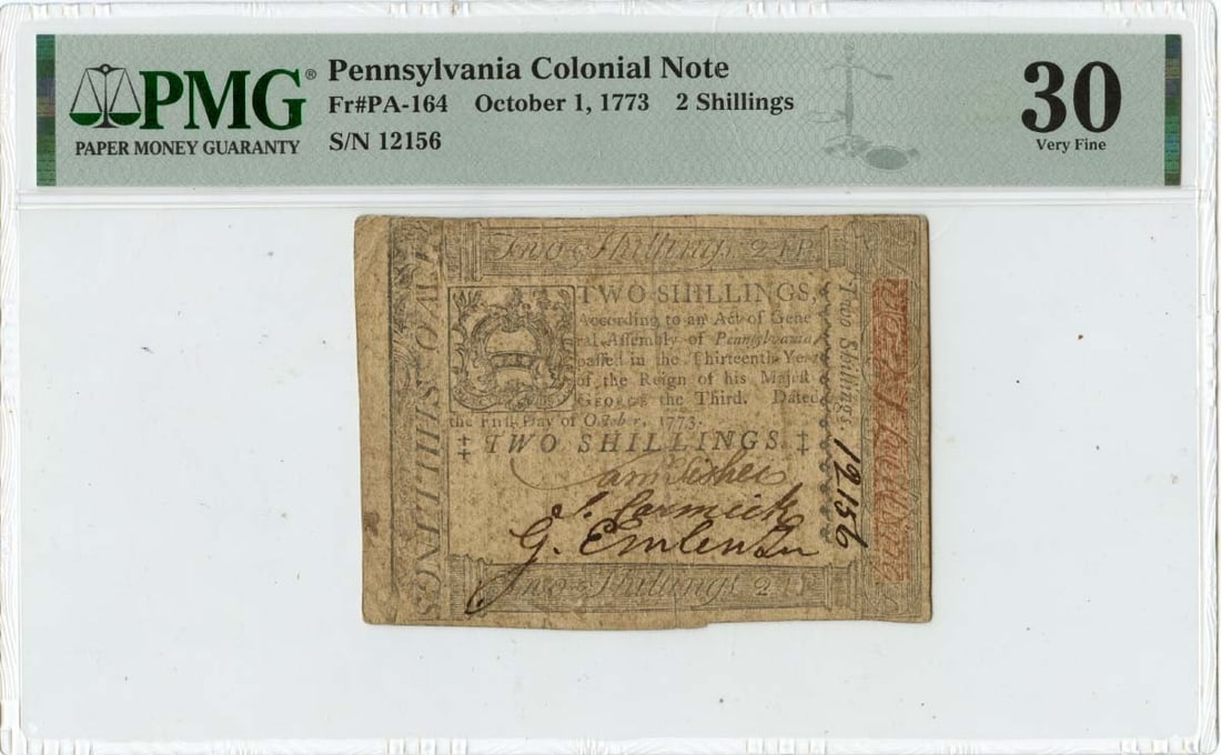 2 Shillings Pennsylvania Colonial Note FR#PA-164 PMG VF30 - 1773 October 1: 2 Shillings Pennsylvania Colonial Note FR#PA-164 PMG VF30 - 1773 October 1 This listing features 2 Shillings Pennsylvania Colonial Note FR#PA-164 PMG VF30 - 1773 October 1. Item specifics are provided