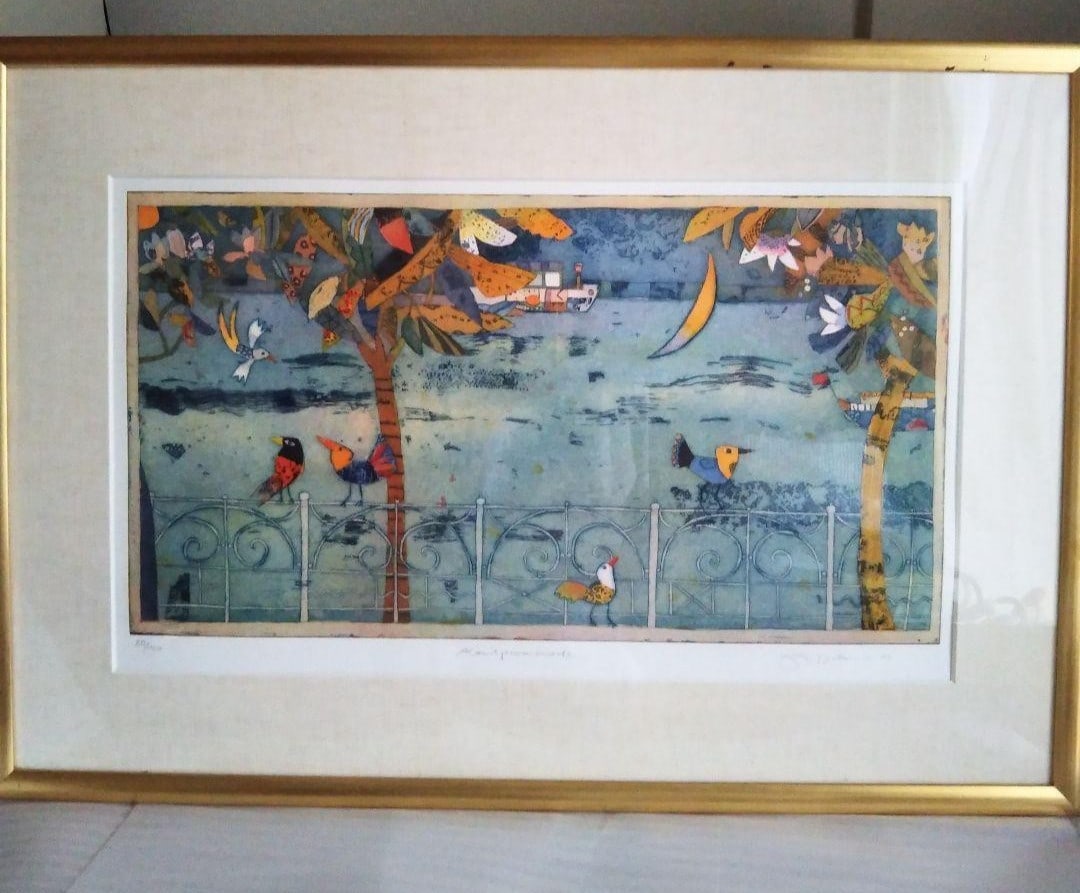 German Jutta Votteler "Abend Promenade" Hand-Signed Color Etching Birds Trees (1 of 10)