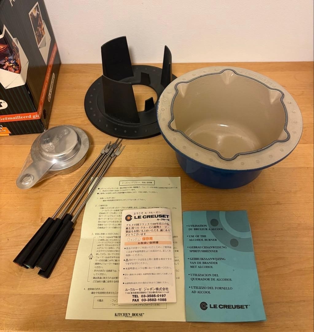 Burner Le Creuset Fondue Set Table Top Compact Blue Cast Iron Pot With Stand &: Burner Le Creuset Fondue Set Table Top Compact Blue Cast Iron Pot With Stand & This listing features Burner Le Creuset Fondue Set Table Top Compact Blue Cast Iron Pot With Stand &. Item specifics are
