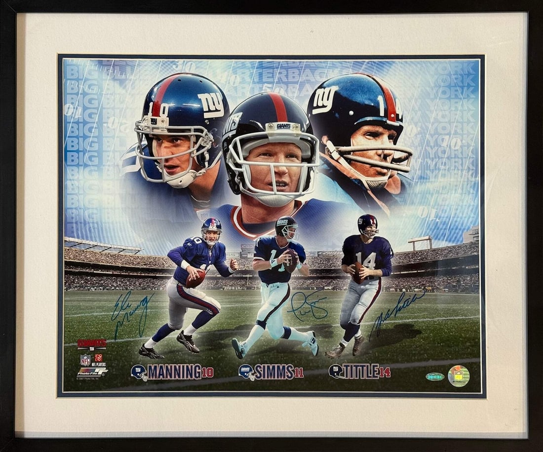 (Steiner) Eli Manning Phil Simms Y.A. Tittle Autographed Framed 16x20 Photo (1 of 2)