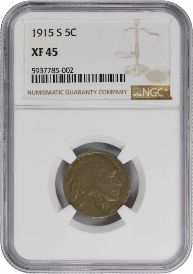 NGC 1915-S Buffalo Nickel EF45: NGC 1915-S Buffalo Nickel EF45 This listing features NGC 1915-S Buffalo Nickel EF45. Item specifics are provided below. Item Specifics: Country Of Origin: United States Certification: NGC Circulated/U