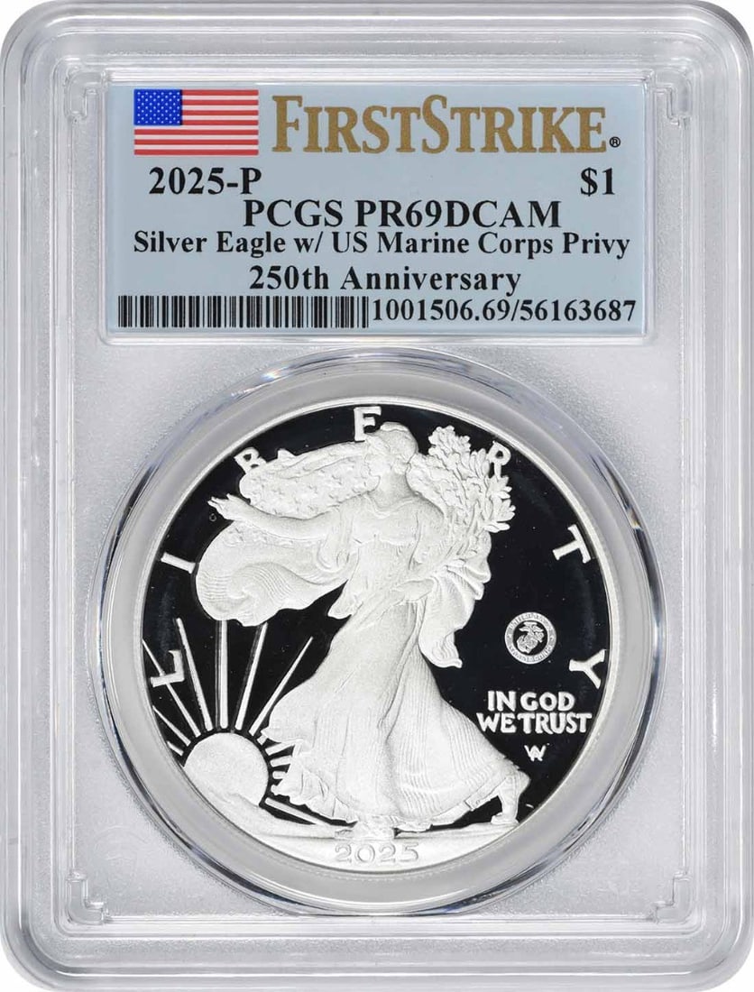 PCGS 2025-P American Silver Eagle US Marine Corps Privy 250th Anniv PR69DCAM FS (1 of 2)