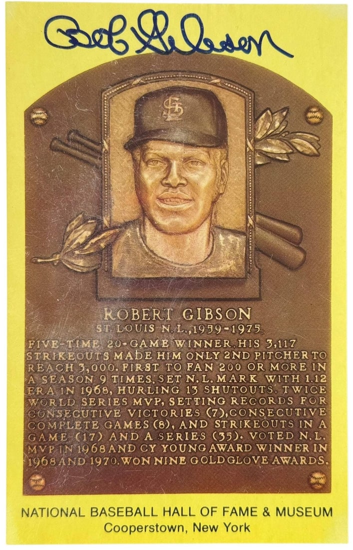 Postcard Bob Gibson Autographed Hall of Fame Plaque (1 of 2)