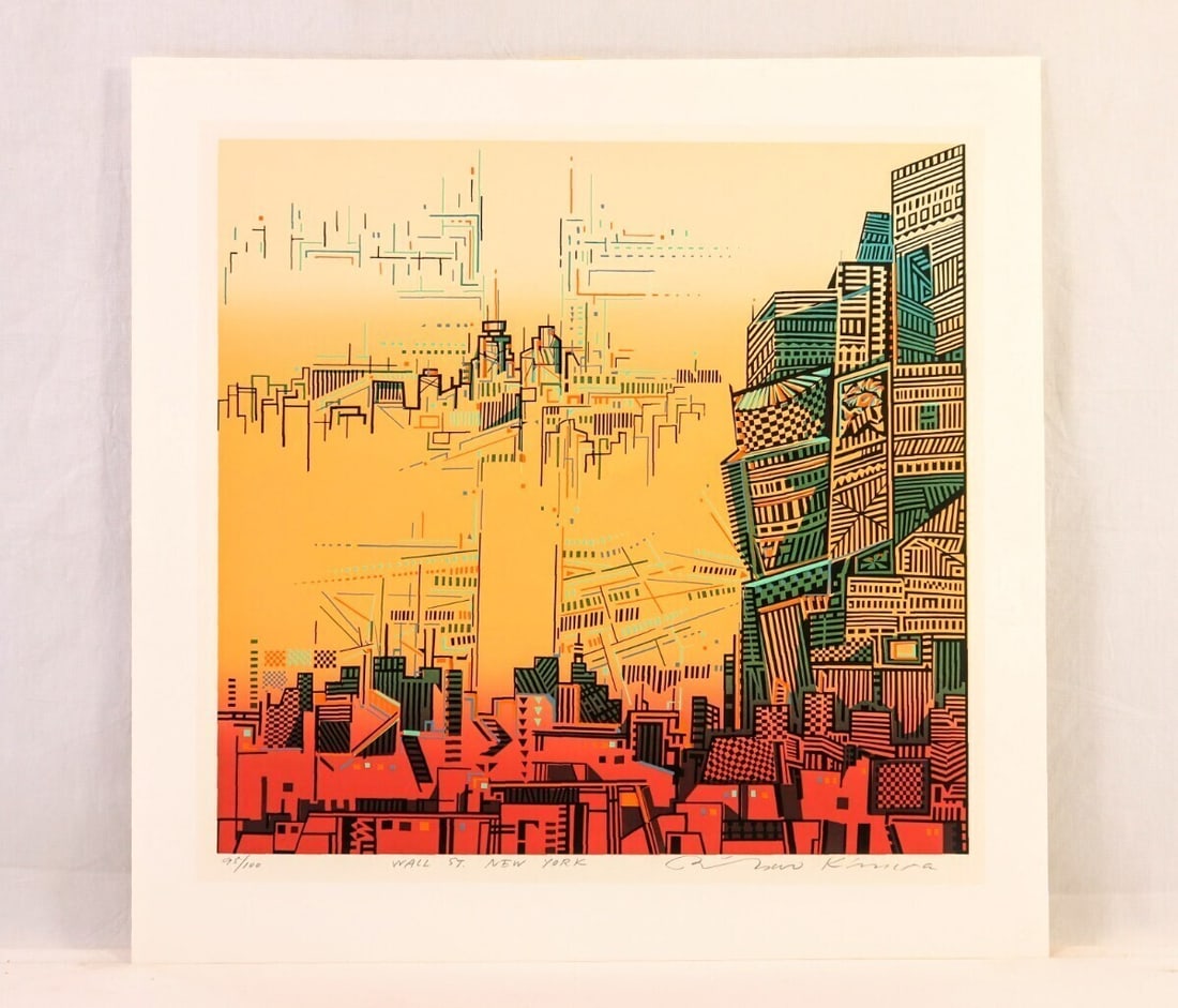Framed Risaburo Kimura Signed Original Serigraph Screenprint WALL ST. NEW YORK (1 of 10)