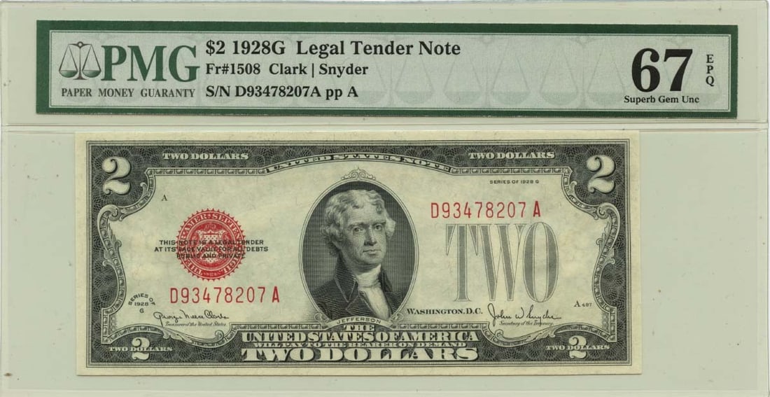 EPQ 1928G $2 Legal Tender Note FR#1508 PMG Superb GEM 67: EPQ 1928G $2 Legal Tender Note FR#1508 PMG Superb GEM 67 This listing features EPQ 1928G $2 Legal Tender Note FR#1508 PMG Superb GEM 67. Item specifics are provided below. Item Specifics: