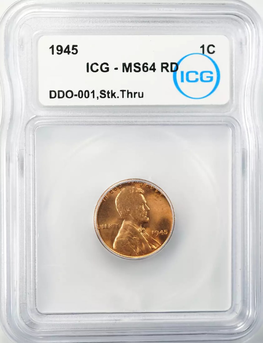 (002) 1945 DDO LINCOLN WHEAT CENT PENNY 1C ICG MS 64 RD MINT UNC STRUCK THRU (1 of 4)
