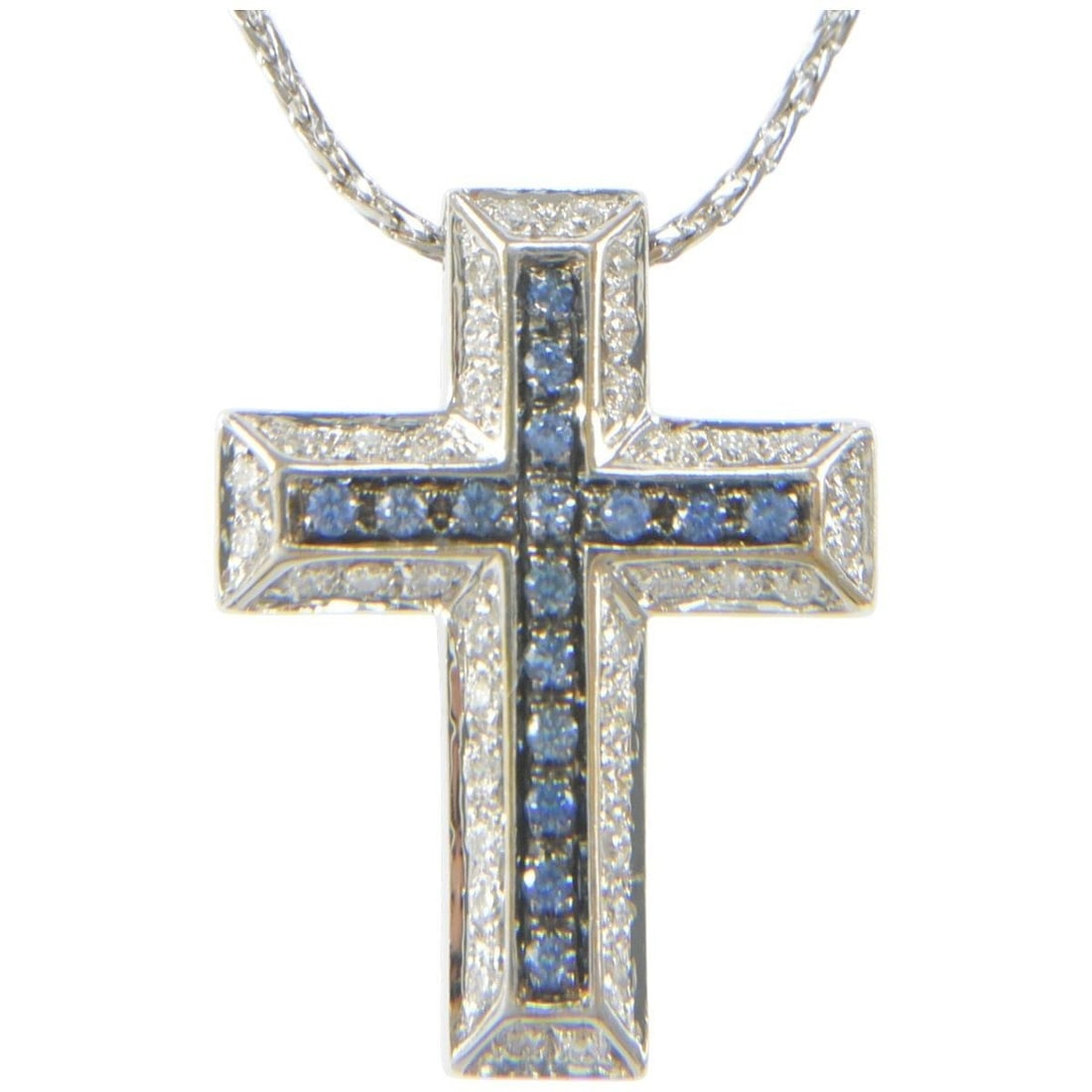 Women Chimento Blue Sapphire Diamond 18k White Gold Cross Pendant Necklace Men (1 of 9)