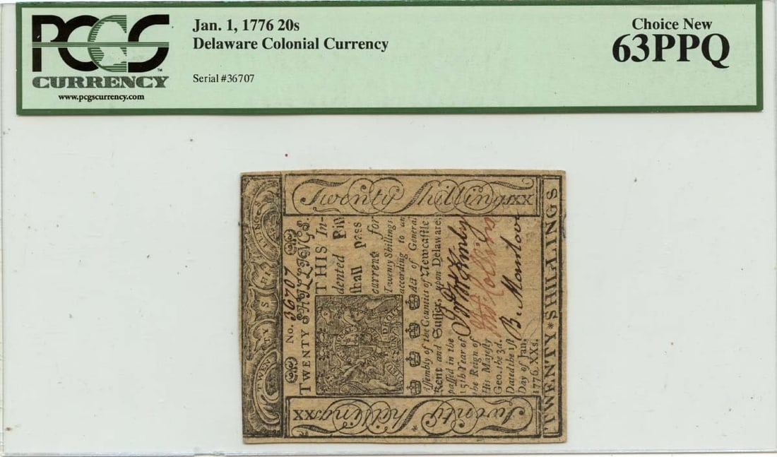 20s Delaware Colonial Note FR#DE-80 PCGS CU63 PPQ - 1776 January 1: 20s Delaware Colonial Note FR#DE-80 PCGS CU63 PPQ - 1776 January 1 This listing features 20s Delaware Colonial Note FR#DE-80 PCGS CU63 PPQ - 1776 January 1. Item specifics are provided below. Item