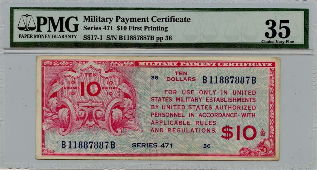 Printing Series 471 $10 PMG VF35 S817-1 First: Printing Series 471 $10 PMG VF35 S817-1 First This listing features Printing Series 471 $10 PMG VF35 S817-1 First. Item specifics are provided below. Item Specifics: Certification: PMG Certification