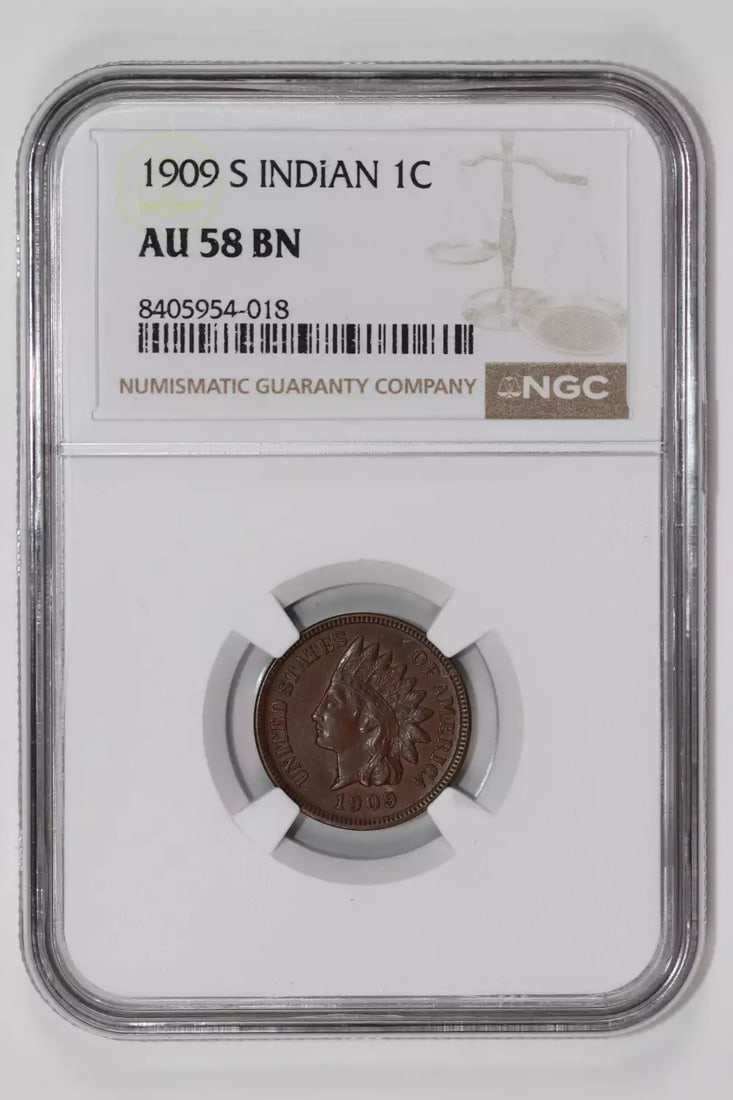 COIN 1909-S INDIAN HEAD CENT NGC AU58 PQ ORIGINAL (1 of 2)