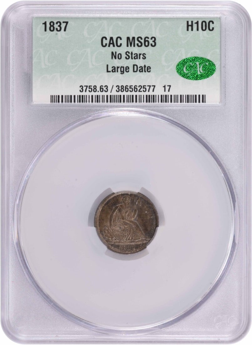 CACG 1837 Liberty Seated Silver Half Dime No Stars Large Date MS63: CACG 1837 Liberty Seated Silver Half Dime No Stars Large Date MS63 This listing features CACG 1837 Liberty Seated Silver Half Dime No Stars Large Date MS63. Item specifics are provided below. Item Spe