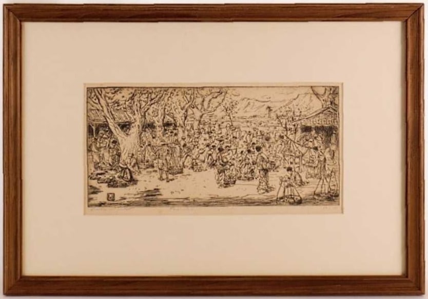 75 Charles W. Bartlett "Market Scene" Woodblock Print Signed Limited Edition of (1 of 10)