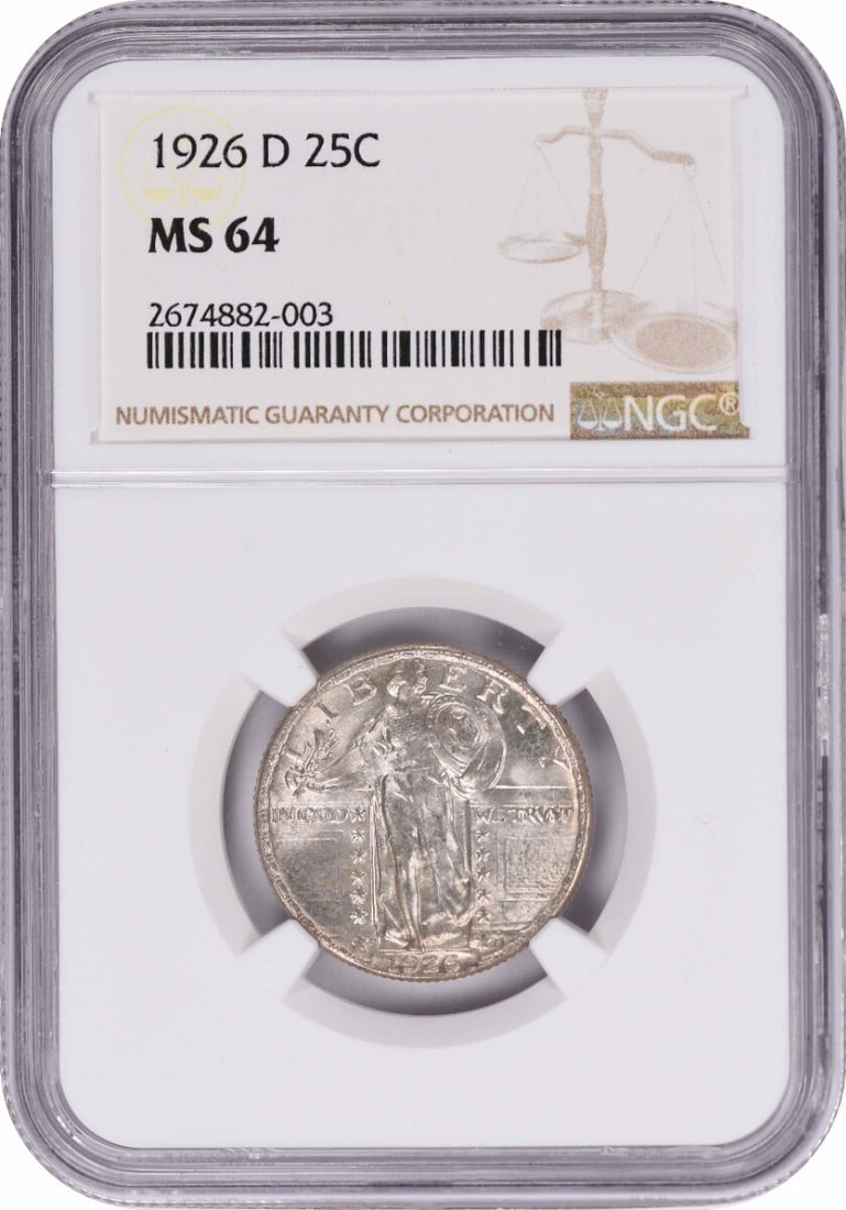 NGC 1926-D Standing Liberty Silver Quarter MS64: NGC 1926-D Standing Liberty Silver Quarter MS64 This listing features NGC 1926-D Standing Liberty Silver Quarter MS64. Item specifics are provided below. Item Specifics: Country Of Origin: United Stat