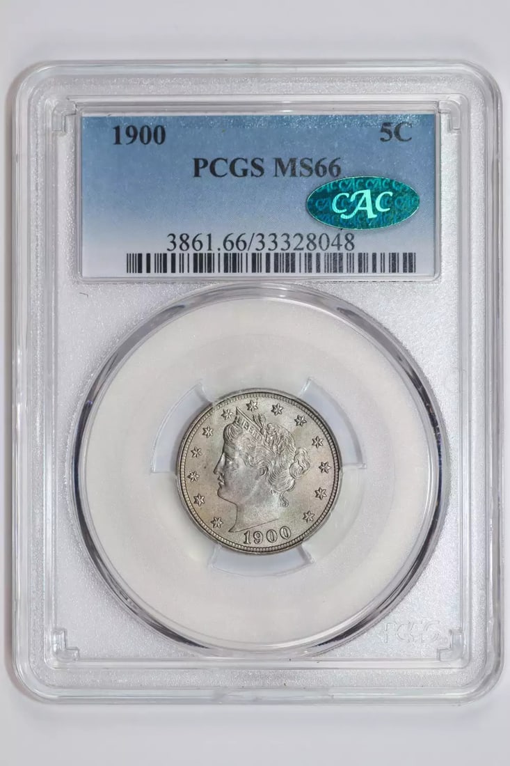 CAC 1900 LIBERTY V NICKEL PCGS MS66: CAC 1900 LIBERTY V NICKEL PCGS MS66 This listing features CAC 1900 LIBERTY V NICKEL PCGS MS66. Item specifics are provided below. Item Specifics: Country Of Origin: USA Certification: PCGS