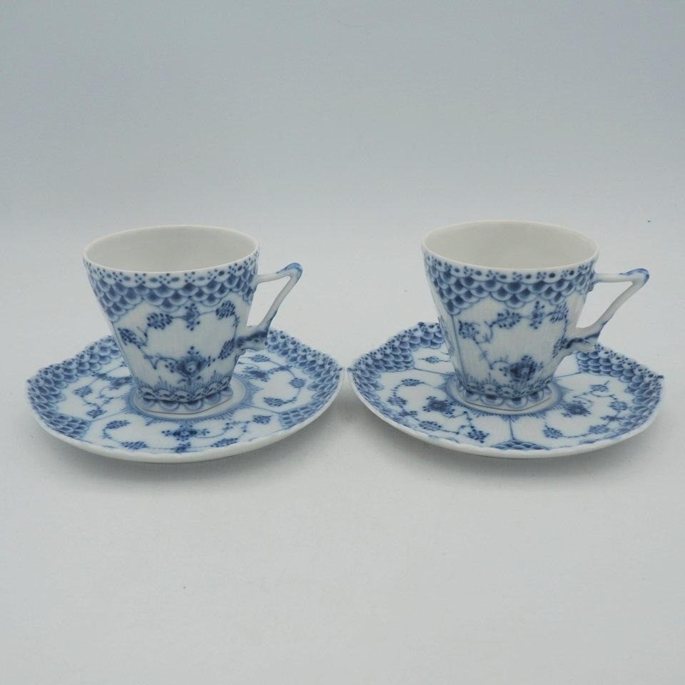 Pair Royal Copenhagen Blue Fluted Full Lace Porcelain Cup Saucer With Face (1 of 10)
