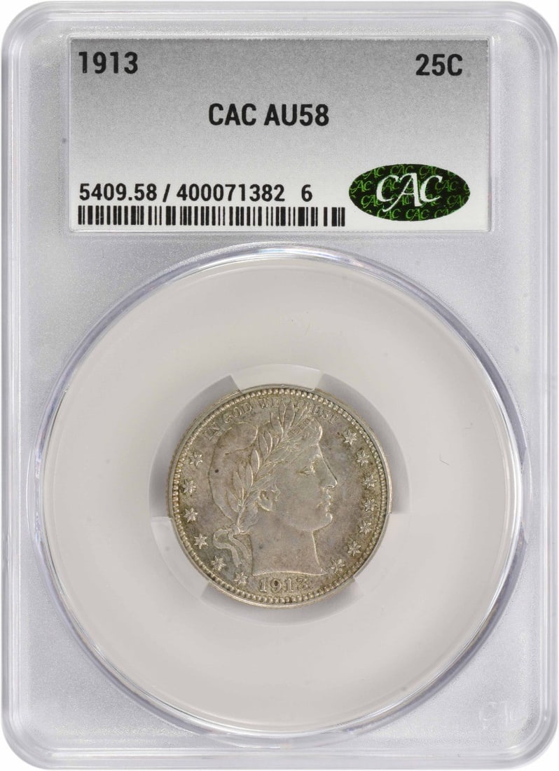 CACG 1913 Barber Silver Quarter AU58: CACG 1913 Barber Silver Quarter AU58 This listing features CACG 1913 Barber Silver Quarter AU58. Item specifics are provided below. Item Specifics: Country Of Origin: United States Certification: CACG