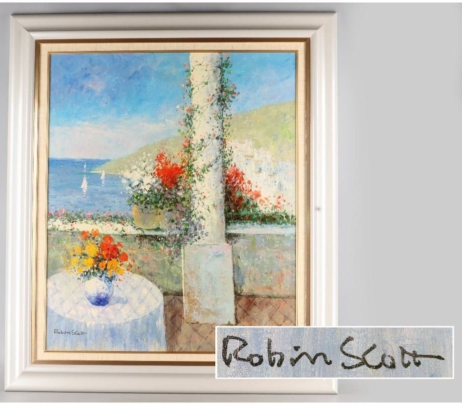 20F Robin Scott Original Oil Painting Mediterranean Terrace Seascape: 20F Robin Scott Original Oil Painting Mediterranean Terrace Seascape This listing features 20F Robin Scott Original Oil Painting Mediterranean Terrace Seascape. Item specifics are provided below. Item