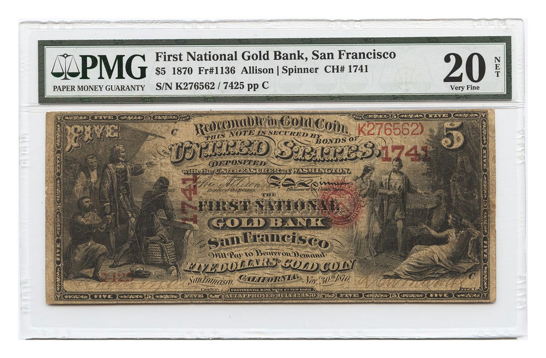 $5 - FR. 1136 1870 $5 National Gold Bank Note PMG VF20 (Repaired): $5 - FR. 1136 1870 $5 National Gold Bank Note PMG VF20 (Repaired) This listing features $5 - FR. 1136 1870 $5 National Gold Bank Note PMG VF20 (Repaired). Item specifics are provided below. Item Speci